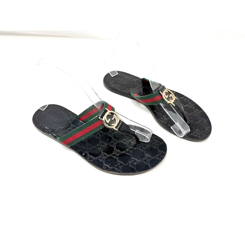 Gucci Interlocking GG Web Stripe Leather Thong Flat Sandal Slides EU 38.5